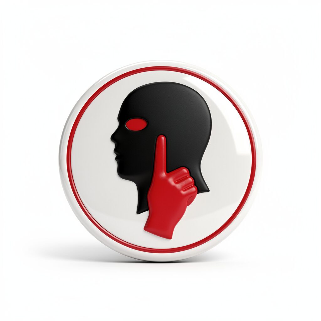 Zero Say emblem: a black silhouette with a red hand on a white porcelain badge.
