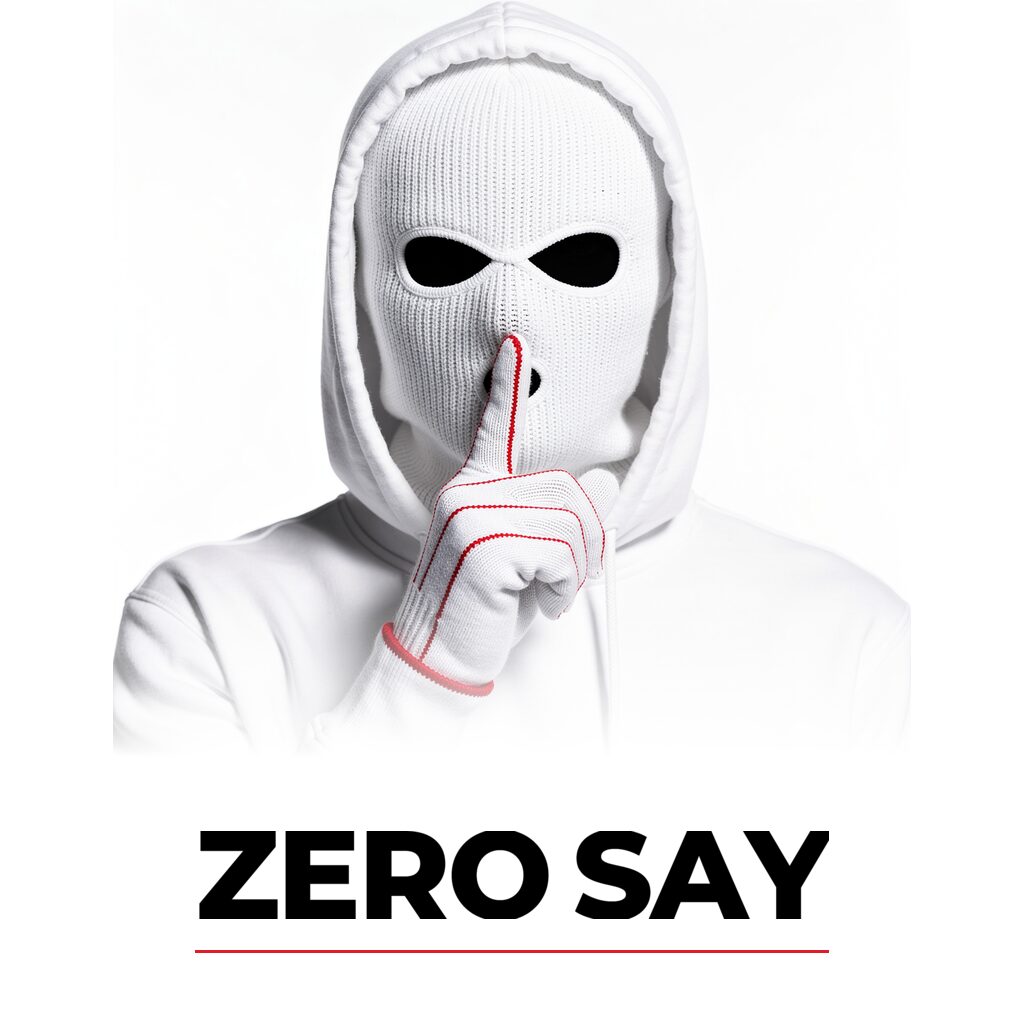 A person in a white knitted balaclava with black eye openings holds a finger to their lips: shhh.